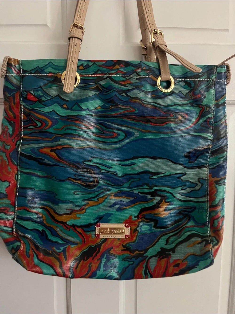 Sakroots Multicolor Swirl Pattern Tote Bag with Beige Handles